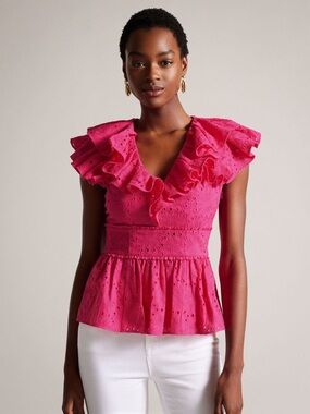 Ted Baker London Mazieh Ruffled Eyelet Peplum Top Pink NWT
